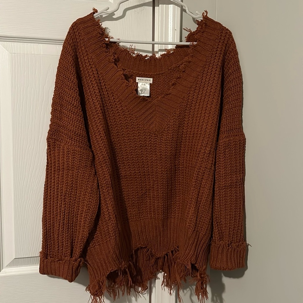 Distressed/Fringe V-Neck Sweater